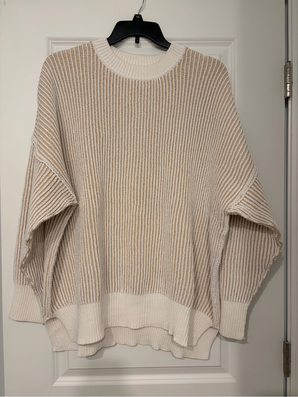 Natural Reflections Ribbed Crewneck Sweater in Cream and Tan